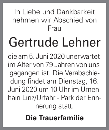 Traueranzeige von Gertrude Lehner von OÖNachrichten
