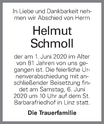 Traueranzeige von Helmut Schmoll von OÖNachrichten