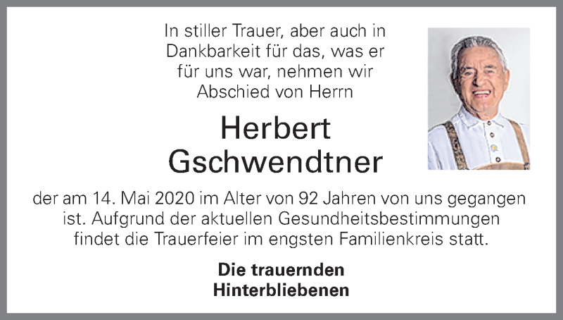  Traueranzeige für Herbert Gschwendtner vom 23.05.2020 aus OÖNachrichten