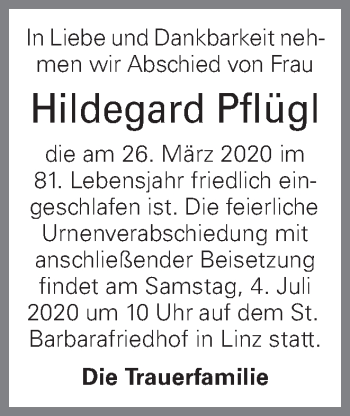 Traueranzeige von Hildegard Pflügl von OÖNachrichten