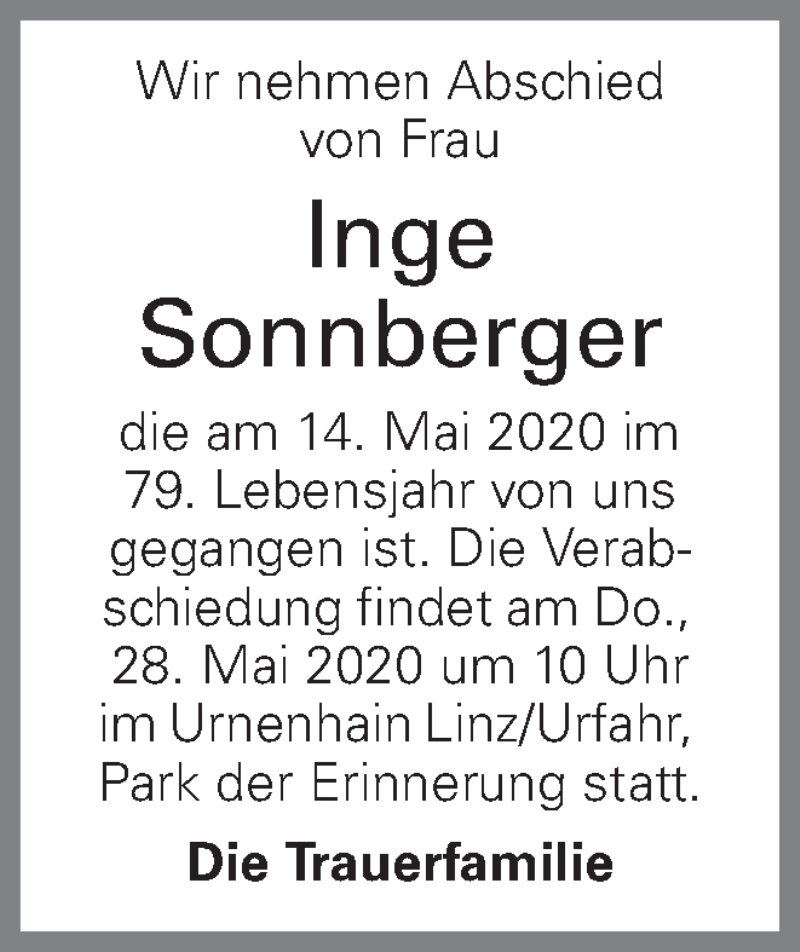  Traueranzeige für Inge Sonnberger vom 25.05.2020 aus OÖNachrichten