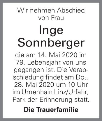 Traueranzeige von Inge Sonnberger von OÖNachrichten