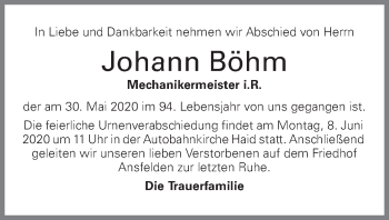 Traueranzeige von Johann Böhm von OÖNachrichten