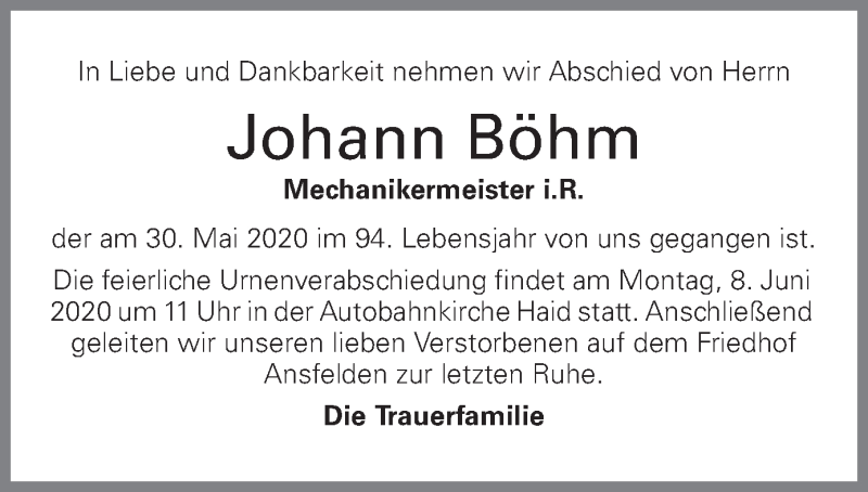  Traueranzeige für Johann Böhm vom 05.06.2020 aus OÖNachrichten