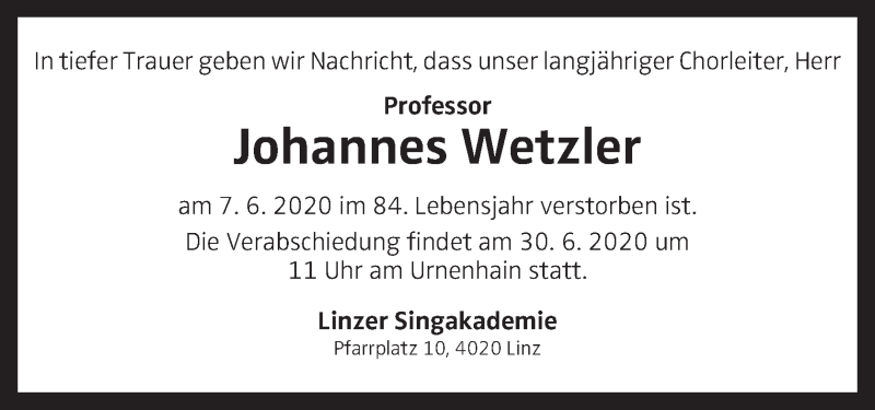  Traueranzeige für Johannes Wetzler vom 20.06.2020 aus OÖNachrichten
