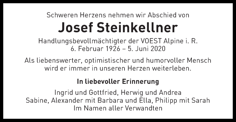  Traueranzeige für Josef Steinkellner vom 13.06.2020 aus OÖNachrichten