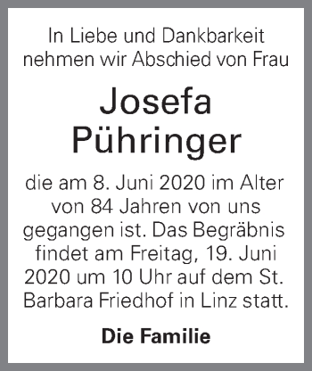 Traueranzeige von Josefa Pühringer von OÖNachrichten