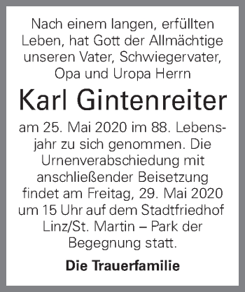 Traueranzeige von Karl Gintenreiter von OÖNachrichten