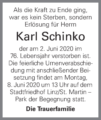 Traueranzeige von Karl Schinko von OÖNachrichten