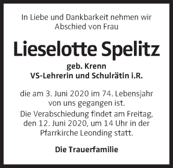 Traueranzeige von Lieselotte Spelitz von OÖNachrichten