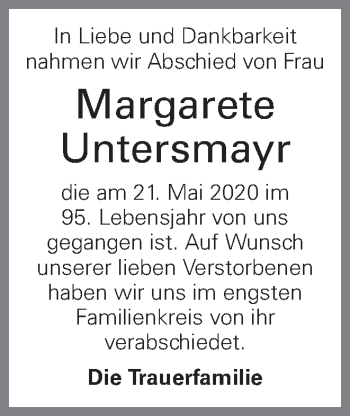 Traueranzeige von Margarete Untersmayr von OÖNachrichten