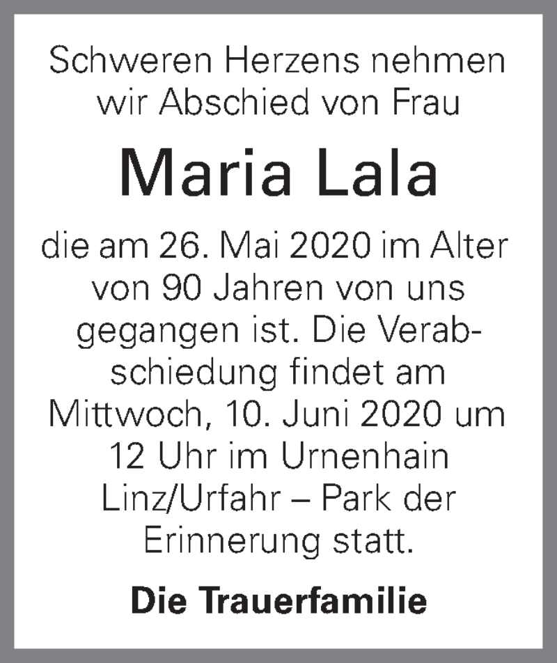  Traueranzeige für Maria Lala vom 06.06.2020 aus OÖNachrichten
