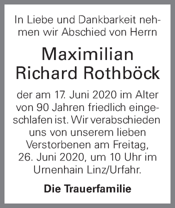 Traueranzeige von Maximilian Richard Rothböck von OÖNachrichten
