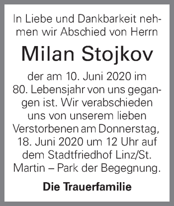 Traueranzeige von Milan Stojkov von OÖNachrichten