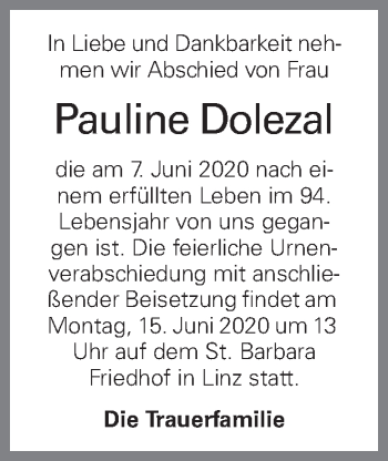 Traueranzeige von Pauline Dolezal von OÖNachrichten
