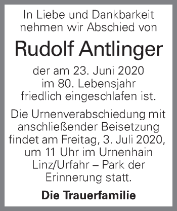 Traueranzeige von Rudolf Antlinger von OÖNachrichten