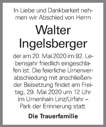 Traueranzeige von Walter Ingelsberger von OÖNachrichten