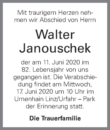 Traueranzeige von Walter Janouschek von OÖNachrichten