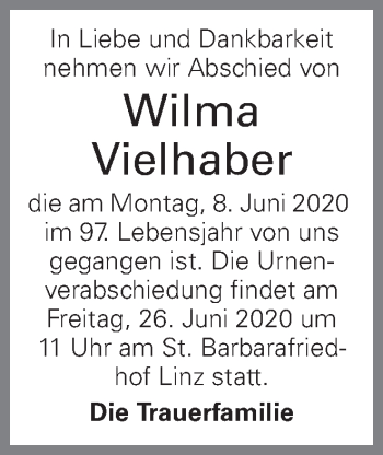 Traueranzeige von Wilma Vielhaber von OÖNachrichten