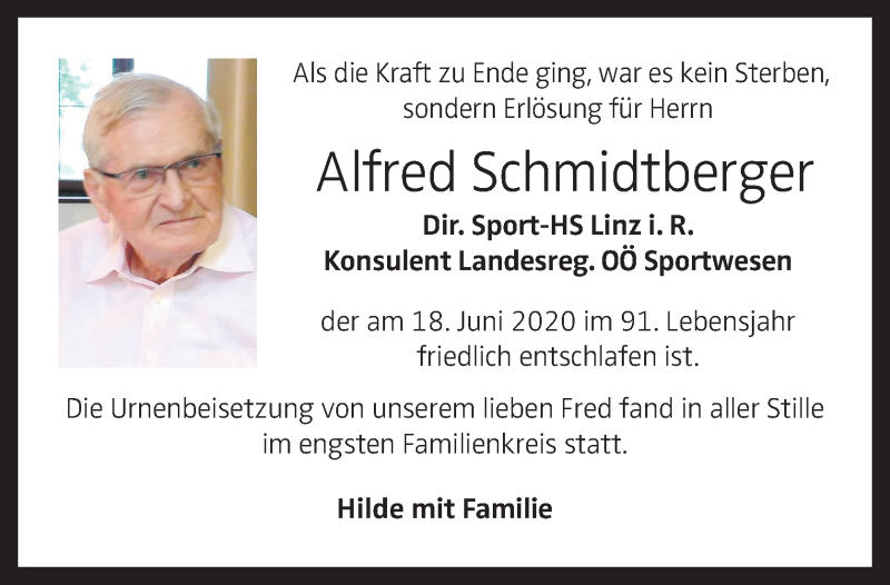  Traueranzeige für Alfred Schmidtberger vom 04.07.2020 aus OÖNachrichten