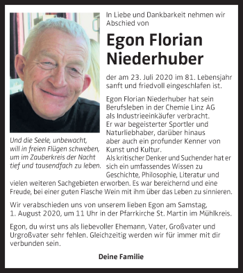 Traueranzeige von Egon Florian Niederhuber von OÖNachrichten