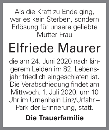 Traueranzeige von Elfriede Maurer von OÖNachrichten