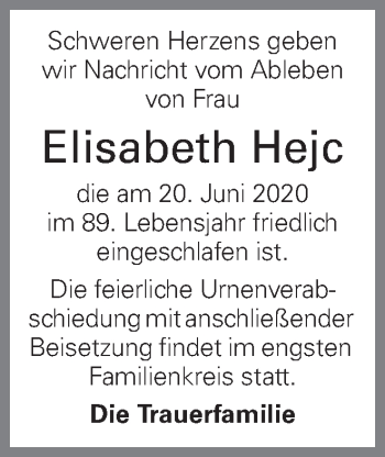 Traueranzeige von Elisabeth Hejc von OÖNachrichten