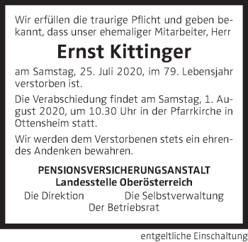 Traueranzeige von Ernst Kittinger von OÖNachrichten