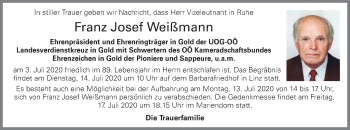 Traueranzeige von Franz Josef Weißmann von OÖNachrichten
