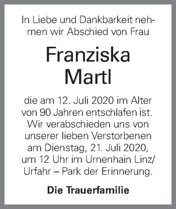 Traueranzeige von Franziska Martl von OÖNachrichten