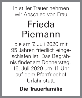 Traueranzeige von Frieda Piemann von OÖNachrichten