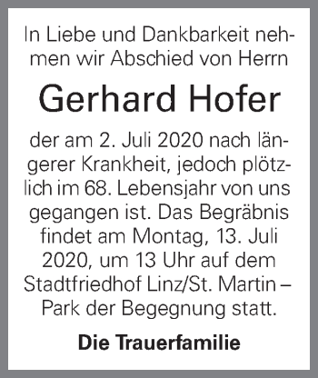 Traueranzeige von Gerhard Hofer von OÖNachrichten