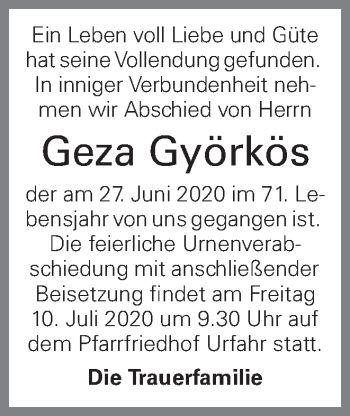 Traueranzeige von Geza Györkös von OÖNachrichten