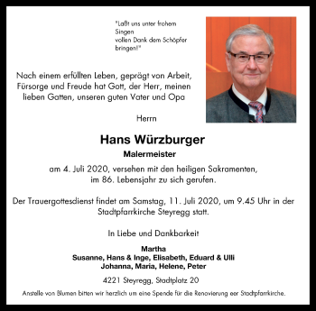 Traueranzeige von Hans Würzburger von OÖNachrichten