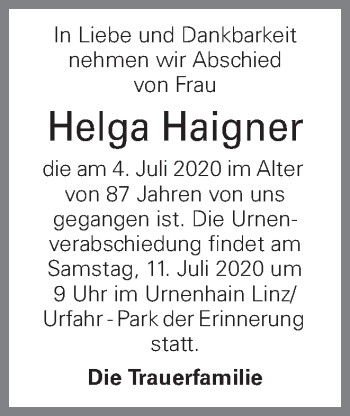 Traueranzeige von Helga Haigner von OÖNachrichten