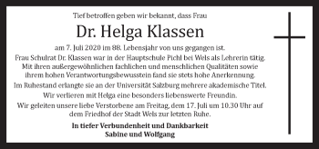 Traueranzeige von Helga Klassen von OÖNachrichten