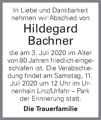 Traueranzeige von Hildegard Bachner von OÖNachrichten