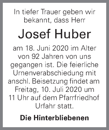 Traueranzeige von Josef Huber von OÖNachrichten