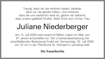 Traueranzeige von Juliane Niederberger von OÖNachrichten