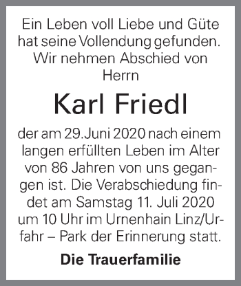 Traueranzeige von Karl Friedl von OÖNachrichten