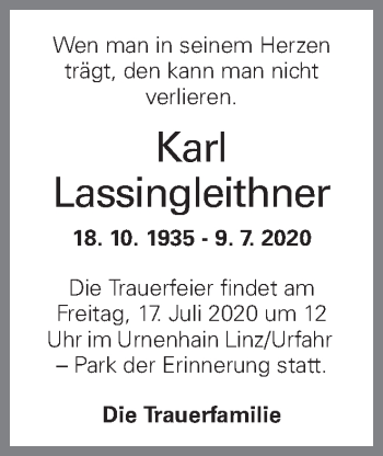 Traueranzeige von Karl Lassingleithner von OÖNachrichten