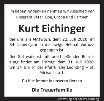Traueranzeige von Kurt Eichinger von OÖNachrichten