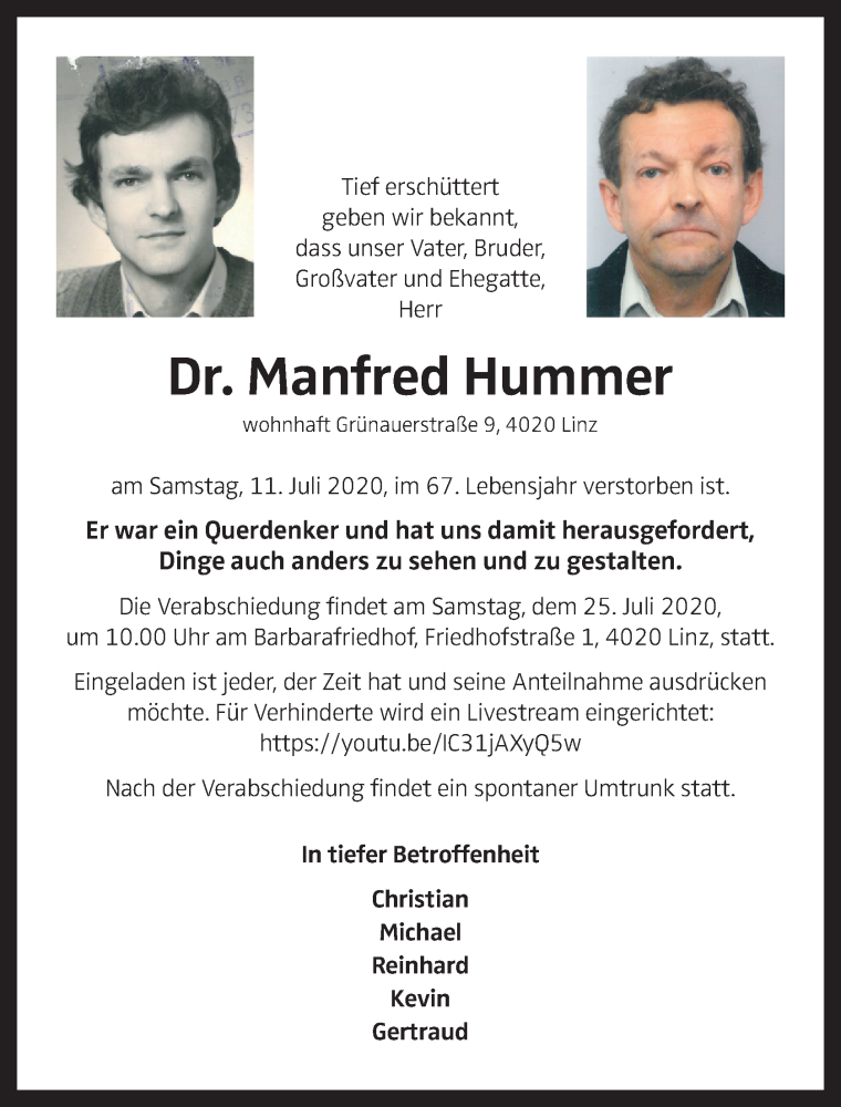 Traueranzeige für Manfred Hummer vom 22.07.2020 aus OÖNachrichten