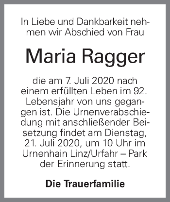 Traueranzeige von Maria Ragger von OÖNachrichten