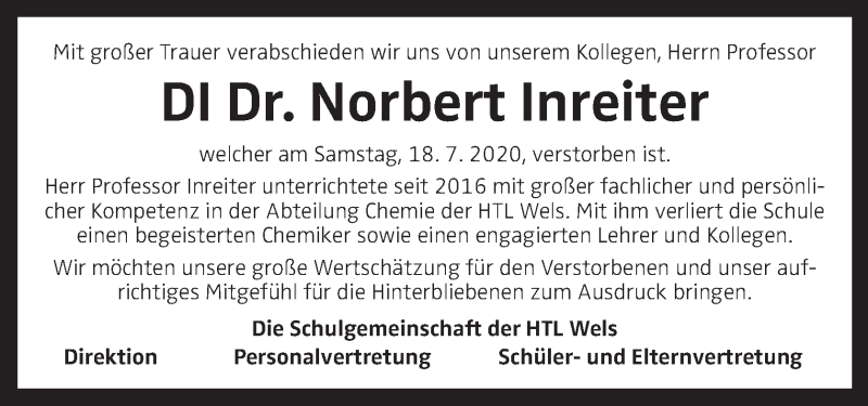  Traueranzeige für Norbert Inreiter vom 24.07.2020 aus OÖNachrichten