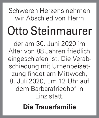 Traueranzeige von Otto Steinmaurer von OÖNachrichten