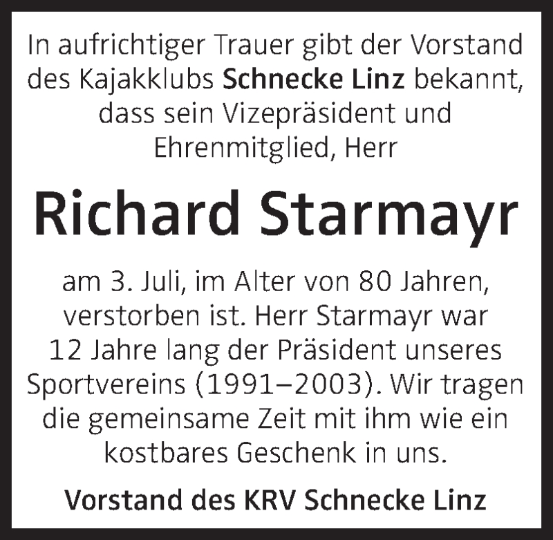  Traueranzeige für Richard Starmayr vom 17.07.2020 aus OÖNachrichten