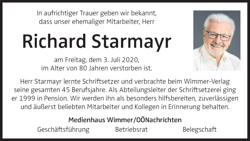  Traueranzeige für Richard Starmayr vom 11.07.2020 aus OÖNachrichten
