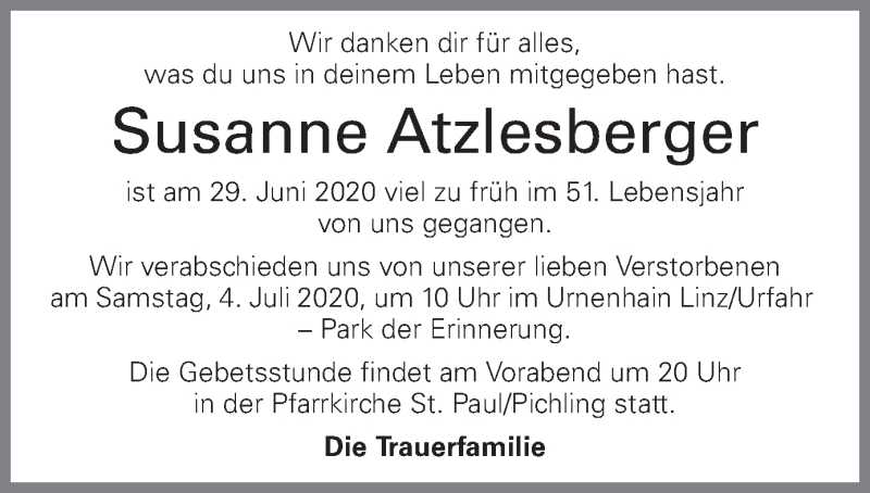 Traueranzeige für Susanne Atzlesberger vom 01.07.2020 aus OÖNachrichten
