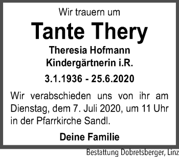 Traueranzeige von Theresia Hofmann von OÖNachrichten